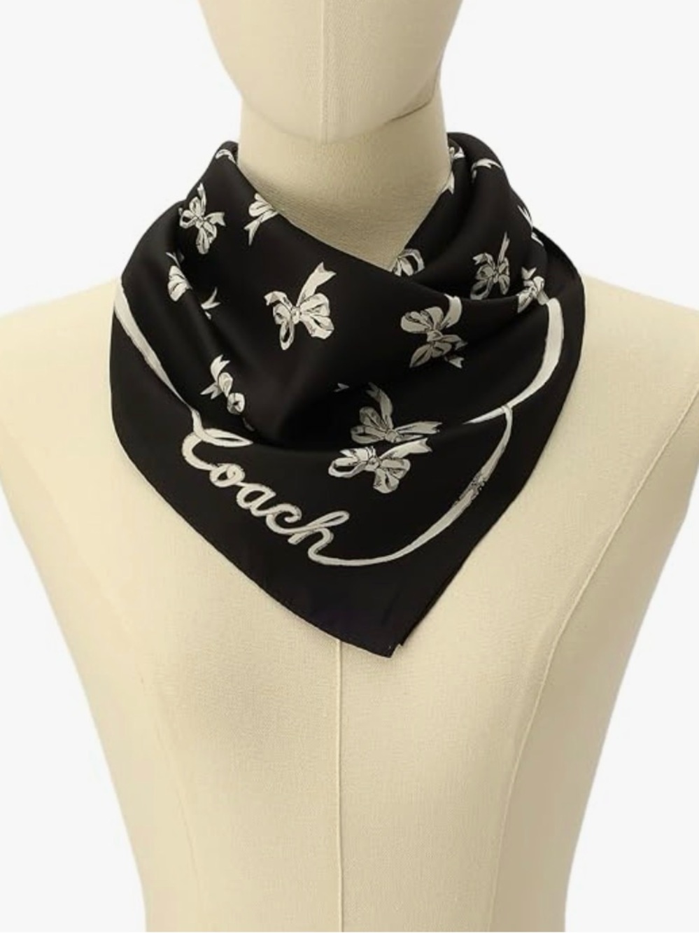Coach Black Floral Silk Scarf with Bow Accents